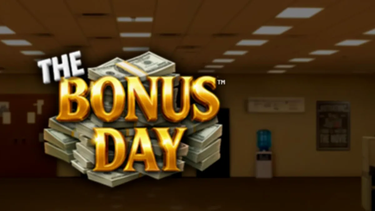Ang The Bonus Day slot machine ay nagtatampok ng mga simbolo ng opisina at bonus envelopes sa isang makulay na background.