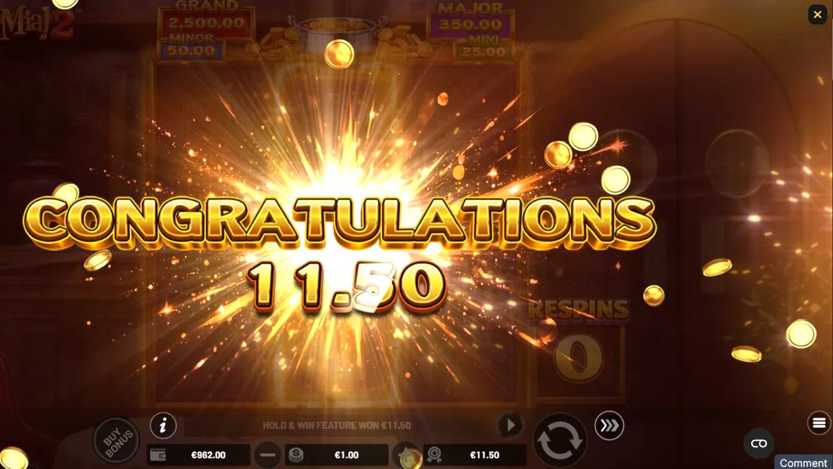 Mamma Mia 2 slot game screen na nagpapakita ng kusina at mga pagkain