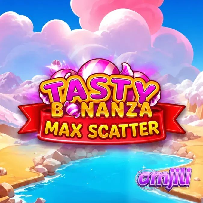Makulay na disenyo ng Tasty Bonanza Max Scatter slot na may mga kendi at cascading reels.